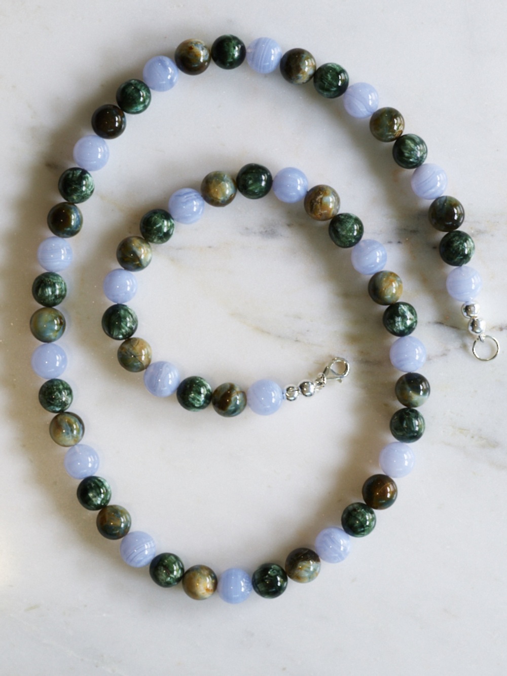 Blue Chalcedony, green Seraphinite and Agate Gemstone Beaded Necklace